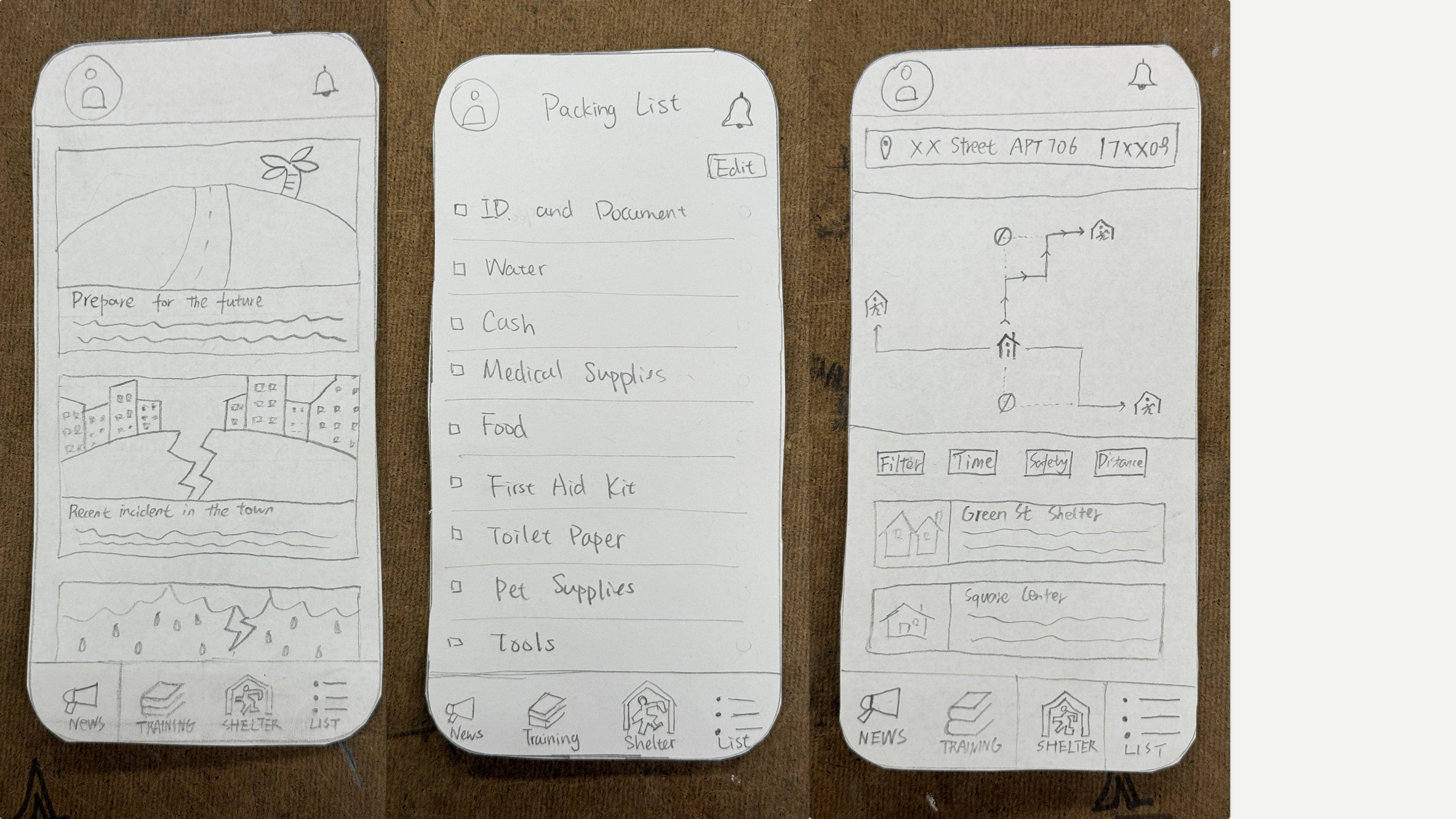 Paper prototype — language selection, alerts, shelter map, packing list